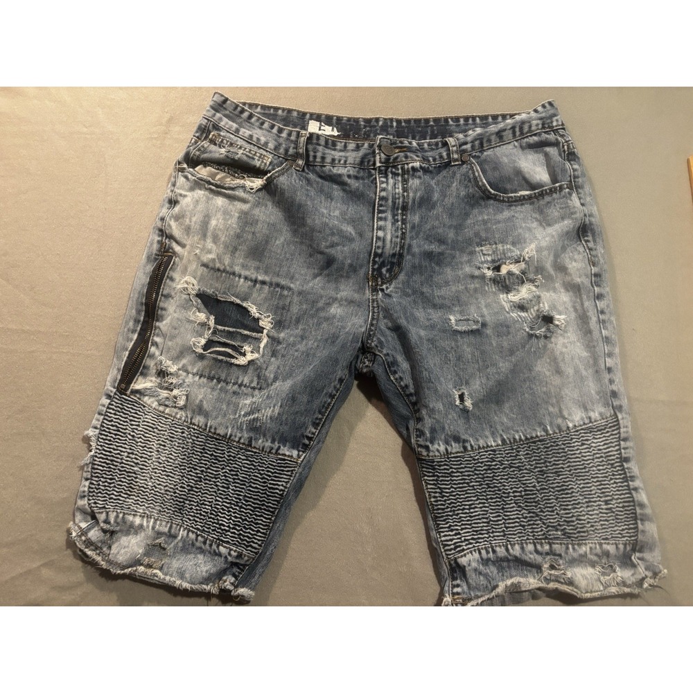 Encrypted NYC Mens Y2K 40 Distressed Shorts Moto Biker Ribbed Jorts Zip